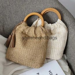 Totes Summer Wooden Handle Handbags Bohemian Woven Straw Bags for Women 2023 Travel Tote Bag Rattan Beach Bag Tassel Clutch Pouch ChicH24219