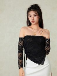 Women's T Shirts Women Floral Lace Cropped Top Y2k Off-Shoulder Long Sleeve Mesh See Through Sheer Tee Shirt Streetwear