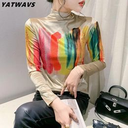 Women's T Shirts S-4XL Elegant Turtleneck Vintage Geometry Print T-shirt Runway Chic Long Sleeve Tees Fashion Office Lady Casual Tops