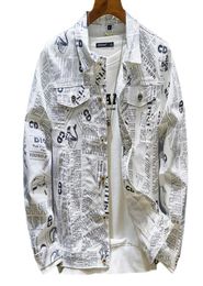 Men039s Letters Embroidered White Jean Jacket Holes Ripped Denim Coat Outerwear fashion jacket men 2208223876601