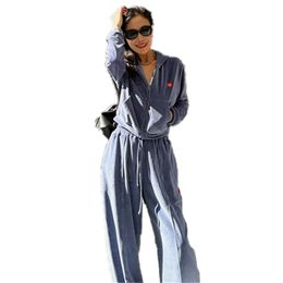 Women's tracksuit Designer Clothes American Classic Hooded Zipper Long Pants Velvet Two Piece Set Spring and Autumn Loose Casual Home Daily