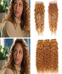 Honey Blonde Water Wave Virgin Brazilian Hair Bundles with Lace Closure 27 Strawberry Blonde Wet and Wavy Human Hair Weave and Cl8389797