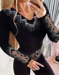 Women's T Shirts Women Tops Casual Daily Sexy Skinny Tee V-Neck Rhinestone Geometric Pattern Hollow Out Sheer Mesh Long Sleeve Blouse Top