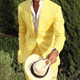 Men's Suits Blazers 2023 Yellow Men Suits Beach Slim Fit 2 Pieces Wedding Groom Male Fashion Costume Tuxedo Peaked Lapel Blazer With Pants