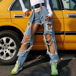 Women's Jeans Hollow Hole Irregular Straight Leg Pants High Waist Asymmetrical Fringed Full-length Fashion Style