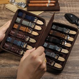 Leather Watch Band Storage Display Box Organizer Luxury Retro Casket 12 Slot Strap Watch Bracelet Travel Case Square Zipper Bag 240122