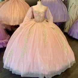 Pink Sweetheart Ball Gown Quinceanera Dresses Beads Appliques Tull Long Prom Dress Birthday Party Gowns Vestidos De 15 Anos