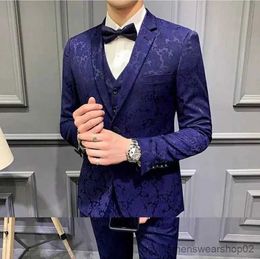 Men's Suits Blazers 2021 Fashion 3 Pieces Men Suits Dark Green Printed Floral Groom Smoking Prom Best Man Blazer Slim Fit Men Wedding Suits Tuxedo