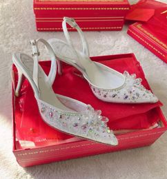 Italy Brand Renecaovilla Aretha Sandals Shoes & Slingbacks Nylon Jewel Crystals Embroidered Crystals & Beads Pumps Party Wedding Dress Lady Walking EU35-43