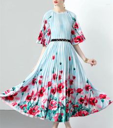 Party Dresses Runway Elegant Summer Flowers Holiday Maxi Dress Miyake Style Boho Women O Neck Print Half Sleeve Loose Waist Pleated Long