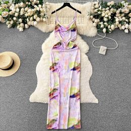 Casual Dresses French Retro Tie Dye Print Suspender Dress Women Summer Elegant Swinging Collar Sleeveless Slim Sheath Backless Maxi Vestidos