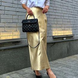Skirts Elegant Patchwork Gold Pu Leather For Women Fashion High Waist Office Long Skirt Casual Classic Hip Female Clothing