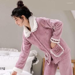 Women's Sleepwear Two Piece Set Women Plus Velvet Pyjamas Suit Autumn Coral Single-breasted Long-sleeve Loose Casual Home Service