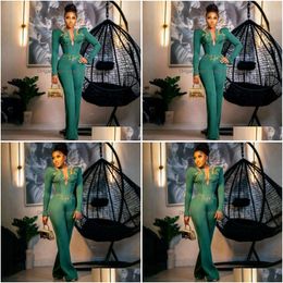 Prom Dresses Green Aso Ebi For Special Ocns Jumpsuits Long Sleeves Elastic Satin Beaded Evening Formal Dress Nigeria Black Women Ene Dh7Ap