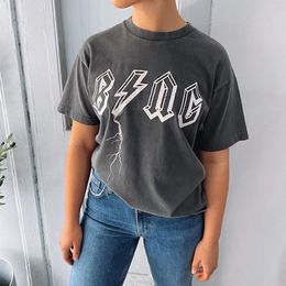 Letter Print Washed Black T-shirt for Woman Clothes O-Neck Short Sleeve Cotton Faded Tops Casual Vintage Tee Shirt Summer Streetwear Luxury Tshirt All-match Tops