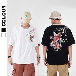 Summer New Heavy Embroidery Carp Pure Cotton Loose National Style Men's Fashion Short Sleeve T-shirt for Men and Women