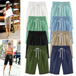 Women's Shorts Summer 2024 Cotton Linen Casual Solid Colour Straight Short Pants Drawstring Elastic High Waisted