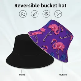 Berets Pink Flamingo Bucket Hat Tropical Bird Print Summer Fun Reflective Fisherman Hats Unisex Reversible Sun