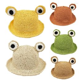 Berets Toddler Kids Straw Hand-Woven Summer Sun Hat Cute Cartoon Frog Eyes Wide Brim Sunscreen Foldable Beach Fisherman Cap