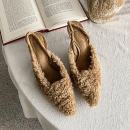 Sandals ZOOKERLIN Pointed Wool Lamb Elastic Belt Women Thin Heel Solid Color Linen Autumn Fur Shoes Slip On Slides Suede