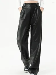 Women's Pants PU Leather 2024 Autumn Winter Solid Black High Waist Wide Leg Full Length Loose Female Classic Trousers