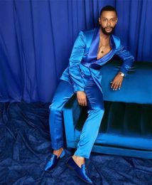 Men's Suits Blazers High Quality New Designs Blue Satin Groom Tuxedos Groomsmen Shawl Lapel Best Man Blazer Mens Wedding Suits Jacket+Pants+Belt