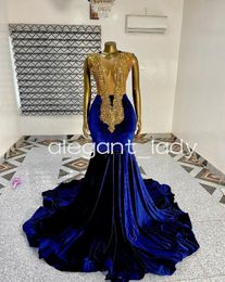 Royal Blue Velvet Mermaid Evening Party Dresses for Women Sparkly Crystal Sheer Mesh Prom Ceremony Gown vestidos de festa