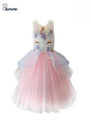 Drop Ship baby Girls Unicorn Embroidery Flower Beaded Gauzze Princess Dress Children Clothes Baby Flowers Tulle Dress Kids Party D9280425