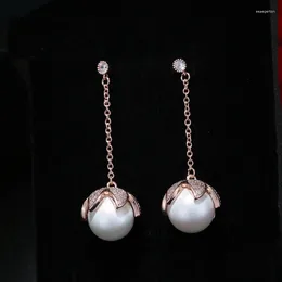 Stud Earrings Korea Jewelry Authentic 925 Sterling Silver Ear Crystal Long Pearl Dangler For Women Fine
