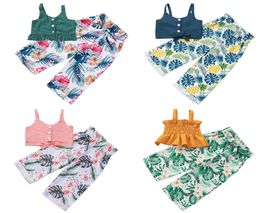 Girls Boho Sling Suit Kids Ruffle Vest Solid Tops Tshirts Kids Casual Clothing Girls Outfits Toddler Palm Pineapple Printed Pants9598149