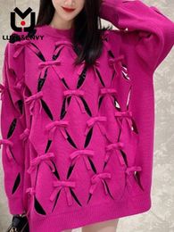 Women's Sweaters LUXE&ENVY High Quality And Luxurious Hollow Out Pullover Sweater Women Niche Unique Bow Casual Versatile Knit 2024 Autumn