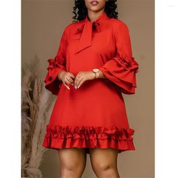 Ethnic Clothing Fashion Women African Evening Party Dresses Plus Size Ruffles Sleeve Casual Dress Lace Up Neck Solid Colour Lady Dashiki