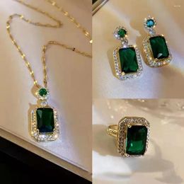 Necklace Earrings Set Elegant Light Luxury Emerald High Grade Hong Kong Style Pendant Earring Ring Three Piece