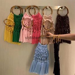 Totes Bamboo Handle Handbags Handmade Crochet Tassel Bags for Women Bohemian Hollow Woven Bag Luxury Knitting Purse Female Tote ClutchH24219