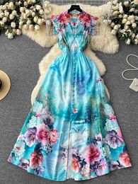 Casual Dresses Summer Runway Bohemian Flower Print Blue Maxi Dress Women's Sleeveless Flying V Neck Single Breasted Holiday Robe Femme