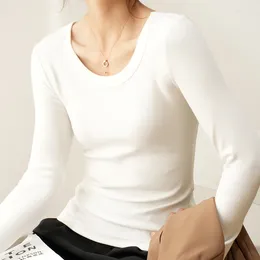 Women's T Shirts White Cotton Shirt Women Spring Autumn Casual Round Neck Long Sleeve Tight Ribbed Top Woman Vintage Khaki Slim Basic Tee