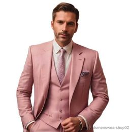 Men's Suits Blazers Luxury Pink Wedding Suits For Men Notched Lapel Single Breasted Elegant Full Set 3 Piece Jacket Pants Vest Slim Fit Customised