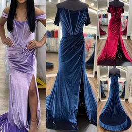 Off-Shoulder Velvet Prom Queen Dress 2k24 Corset Top Slit Long Preteen Pageant Winter Formal Evening Cocktail Party Guest Black-Tie Gala Oscar Navy Magenta Lilac