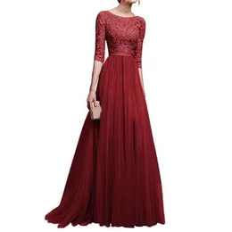 Casual Dresses Women Prom Party Dress Round Neck Lace Flower Embroidery Half Sleeve Tight Waist Floor Length Pleated Lady Maxi Evening