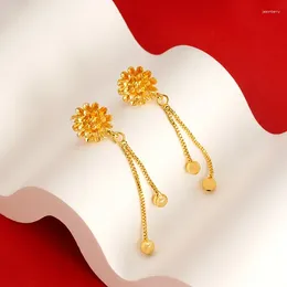 Dangle Earrings 14K Yellow Gold Color Flower Long Earline Earring For Women's Drop Women Fine Jewelry Gifts