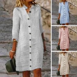 Casual Dresses Vintage Cotton Linen Shirt For Women Summer Half Sleeve Loose Lapel Dress Ladies Holiday Knee Length Robe
