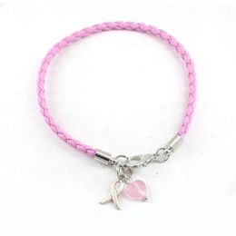 Wholesale Simple Pink PU Braid Leather Bracelets Awareness Jewellery Breast Cancer Bracelet With Pink Heart Ribbon Charm Pulsera
