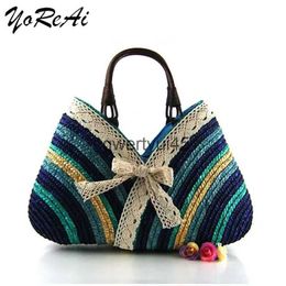 Totes YoReAi Summer andmade Bags for Women Vacation Colour Stripes Straw Bag Woven Basket Lace Tote andle Lady andbagsH24219