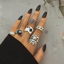 Cluster Rings IFME Punk Gothic Joker Poker Wide Chain Ring Set For Women Vintage Silver Plated Retro Teenager Charm Finger Trend Jewellery