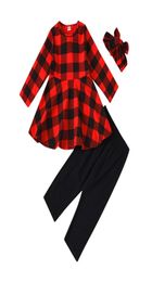 Kids Girls Lattice Outfits Toddler Baby Xmas Ruffle Long Sleeve Tops Solid Colours Trousers Kids Casual Clothing Sets With Headband8016468