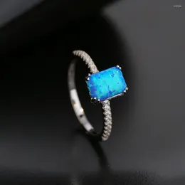 Cluster Rings S925 Silver Blue Opal Women Vintage Rectangle Gem Ring Female Platinum Plated Zircon Luxury Jewellery Girl Gift Lady Party