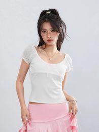 Women's T Shirts Sunloudy Women Basic Short Sleeve Square Neck Crop Top Bow Lace Trim Slim Fitted Fairy Tee Aesthetic Clothes