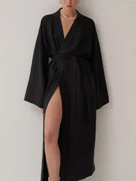 Women's Sleepwear Restve Black Robes For Women Casual V Neck Long Sleeve Solid Bathrobe Female 2024 Spring Nightwear Loose Pyjamas