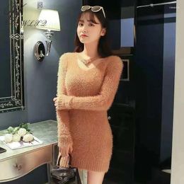 Casual Dresses Autumn Winter V-Neck Imitation Mink Fleece Mini Knitted Dress Korean Fashion Slim Sexy Base Sweater Women Bodycon