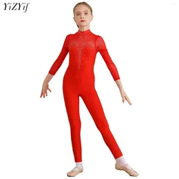 Stage Wear Kid Girls Figure Skating Unitard Rhinestone Jumpsuit Sheer Mesh Long Sleeve Ballet Gymnastics Bodysuit Dance Performance Costume